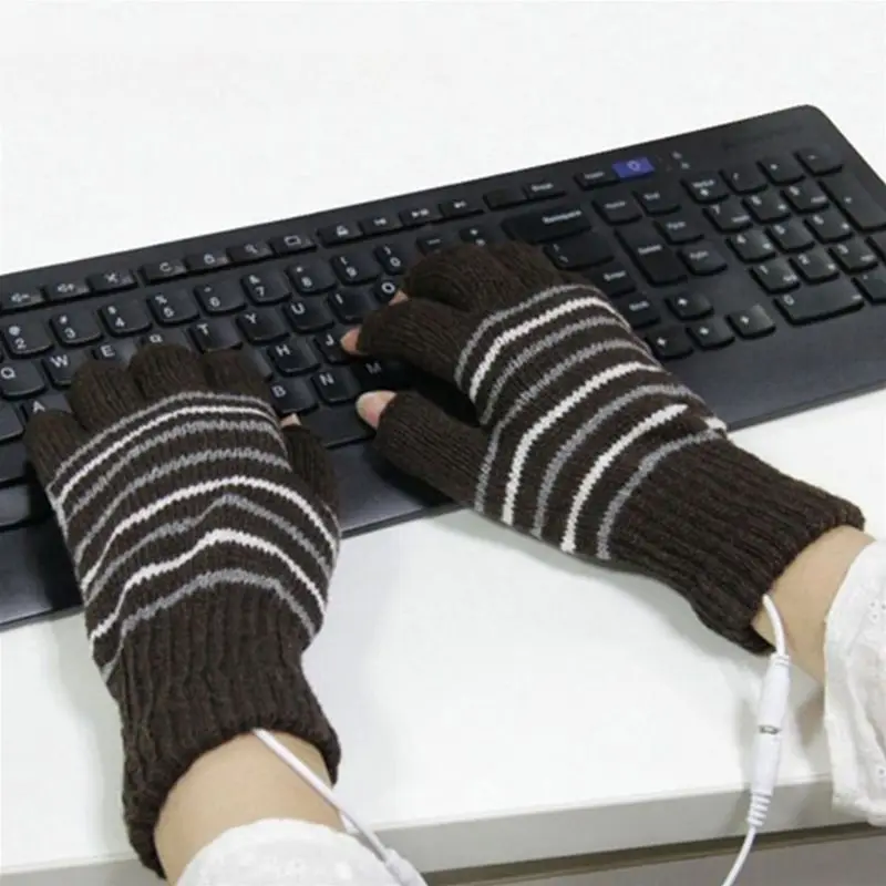 Для женщин и мужчин с питанием от USB перчатки без пальцев с подогревом моющиеся трикотажные полосатые компьютерный трансформер рукавицы зимние уличные руки теплые