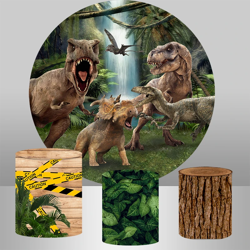 

Forest Jurassic Dinosaur Round Backdrop Cover Boys Birthday Party Circle Background Wood Green Leaves Plinth Covers Customized