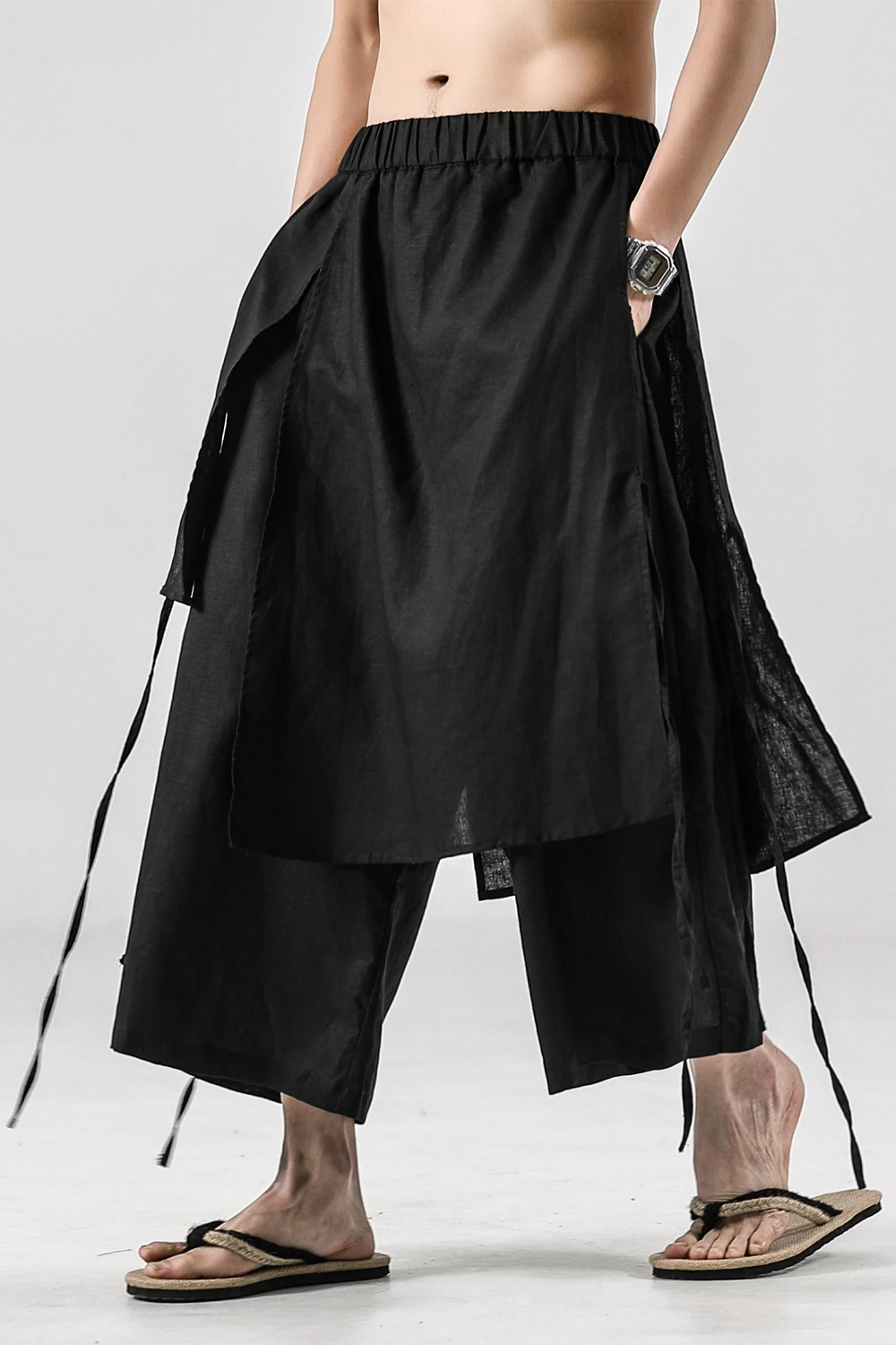 Брюки мужские из хлопка и льна удобные штаны с широкими штанинами в китайском