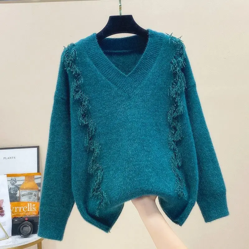 

Женские свитера EBAIHUI, однотонный пуловер с бахромой и V-образным вырезом, 21 дюйм, зимний свитер из искусственной норки и кашемира, Свободный Т...