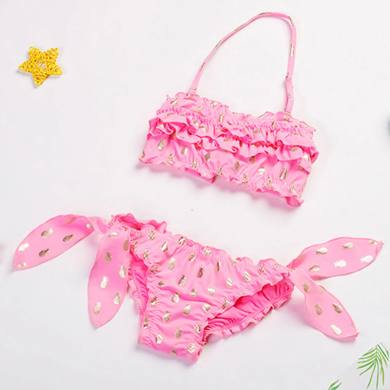 

2pcs Baby Swimsuit Sets Bikini Kids Girl Infant Kid Girls Ruched Solid Wave Pineapple Print Swimwear Sweety Swimsuit Bikini Sets