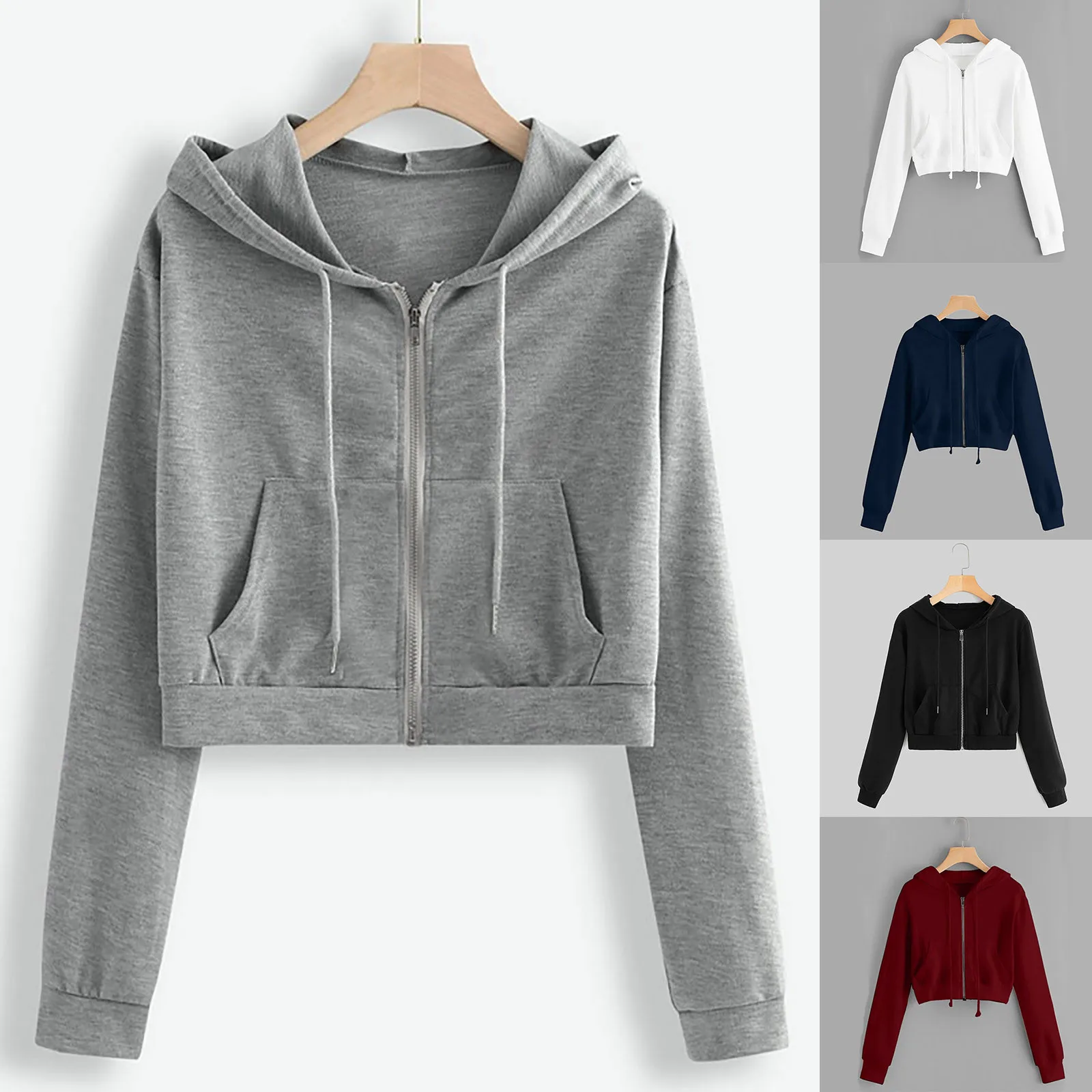 

Hoodies Sweatshirt Women Solid Long Sleeve Drawstring Zipper Pocket Shirt Hooded Sweatshirt Tops Streetwear Harajuku