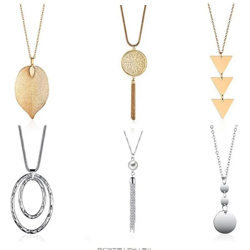 

Long Pendant sweater Necklace 6pcs package Bar Disc Tassel Oval-shape Triangle pendant silver color gold color plated