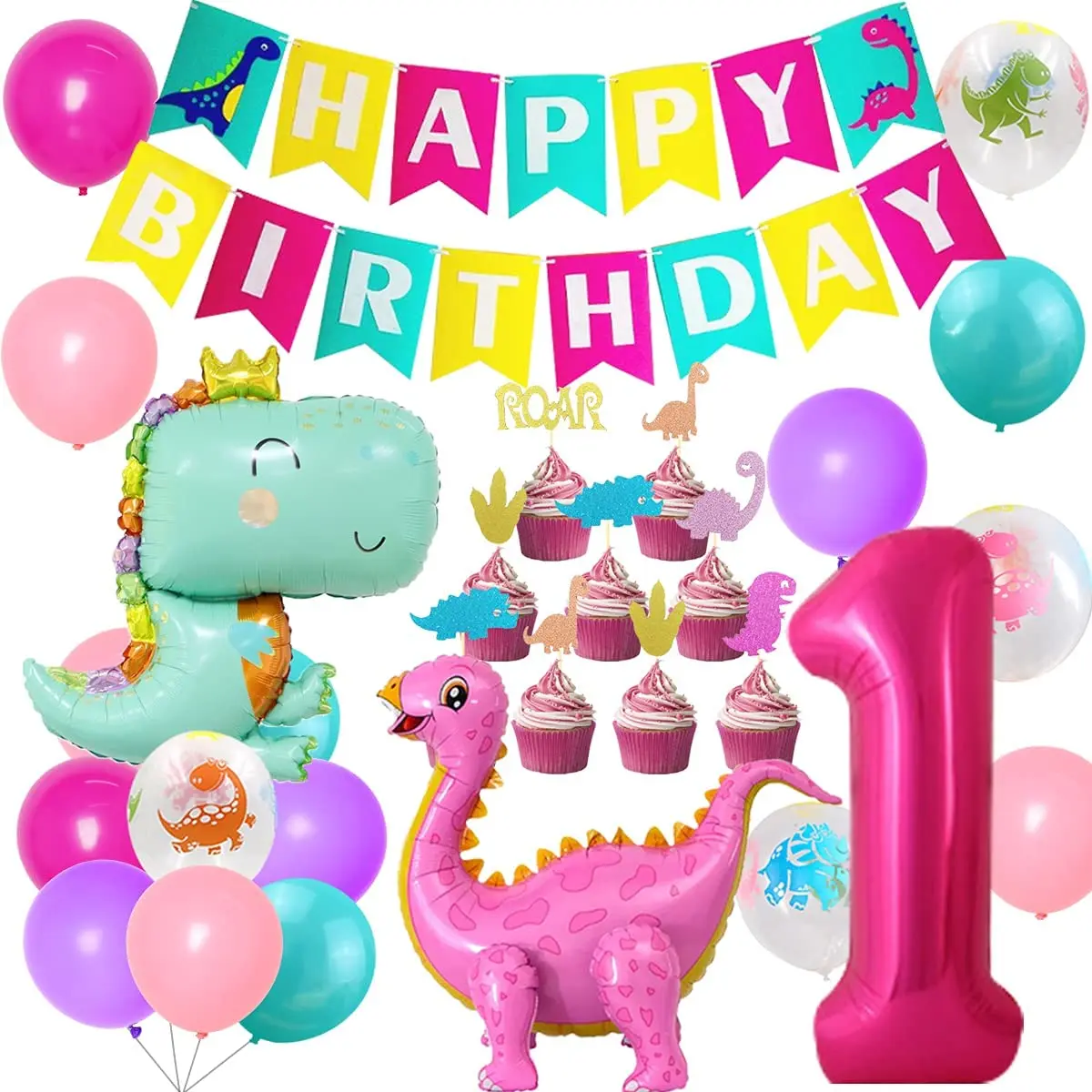 

Dinosaur Party Decorations for Girls Birthday Jungle Themed Party Supplies Pink Dinosaur Standing Balloons Number 1-4 Balloon