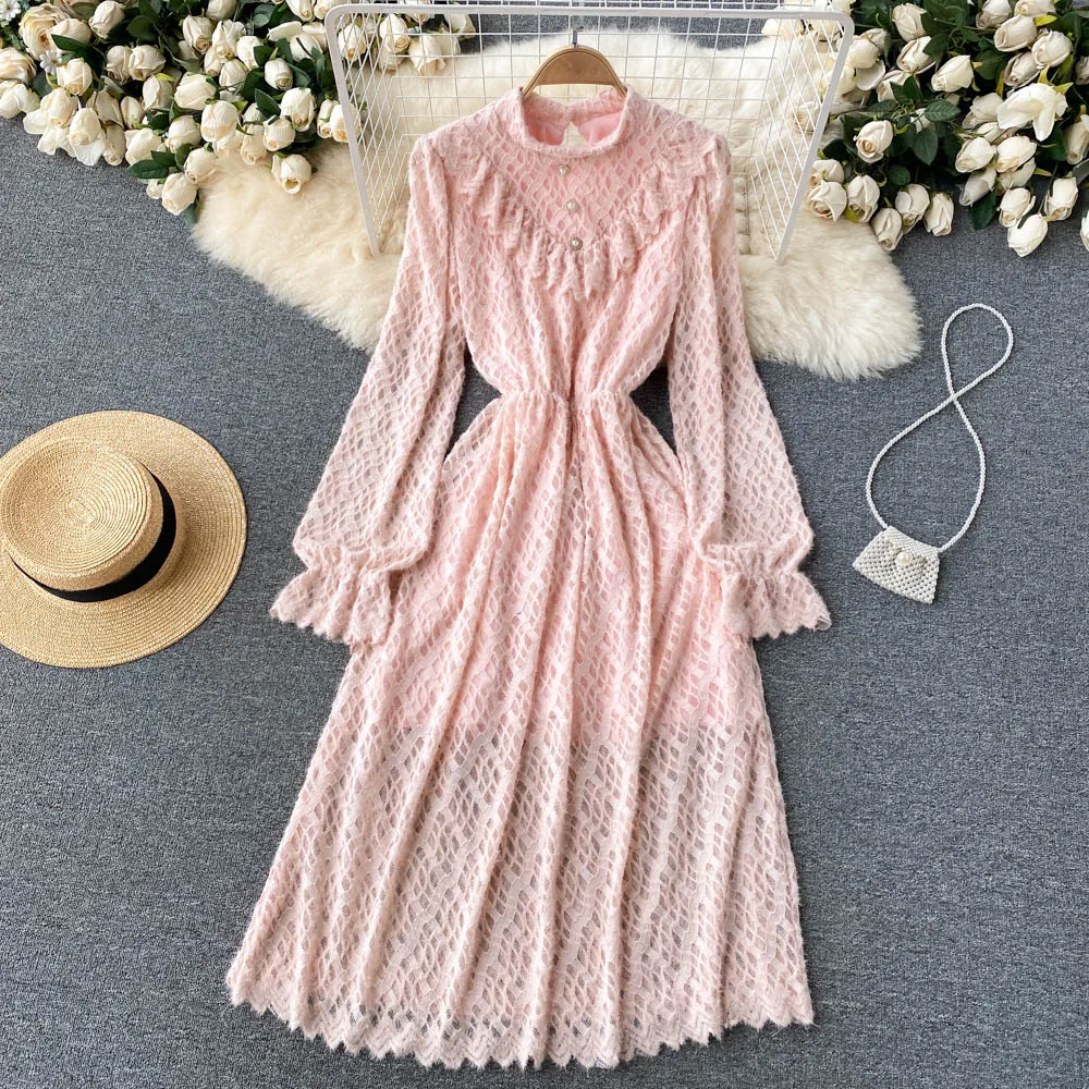 

Uulutonica Autumn Women Elegant Fashion A-line Solid Flounced Edge Mid-calf Full Puff Sleeve Empire Stand Dress