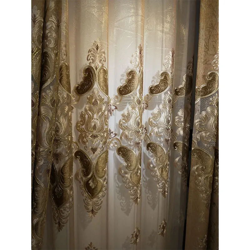 brown tulle Европейская роскошная отвесная занавеска высокого качества, модные Жаккардовые Плотные затемненные занавески для гостиной, спальни, кухни - Цвет: brown tulle