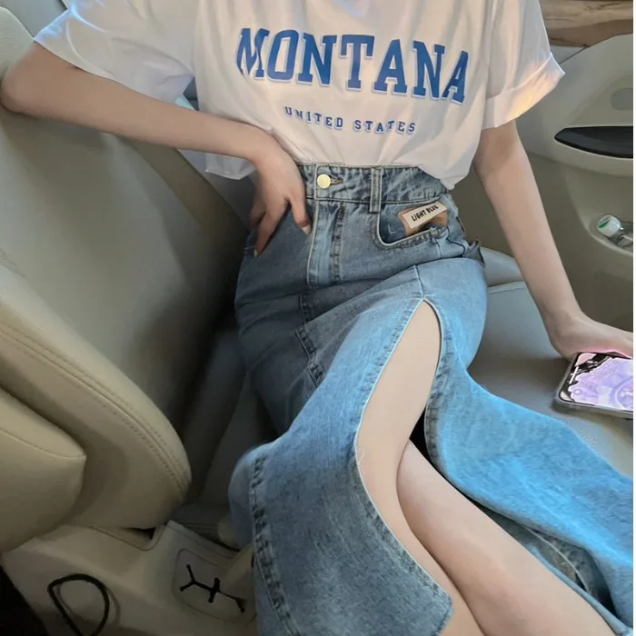 

Leixin original large denim skirt women summer high waist thin sticker open fork A-word long skirt bag hip mid-length skirt