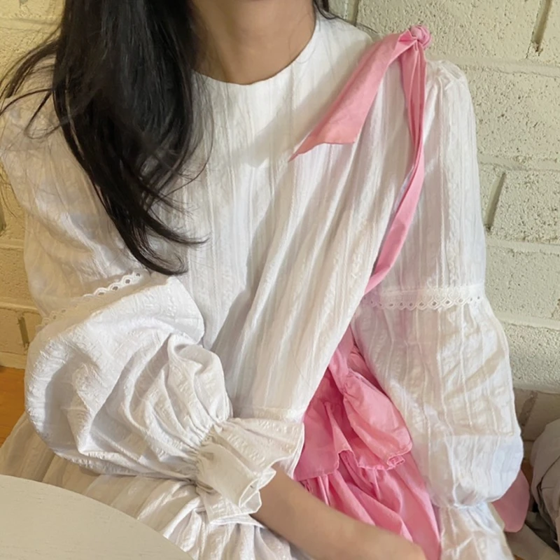 

Spring Autumn Korean Chic Gentle Round Neck Wooden Ear Stitching Loose Lantern Long Sleeve Dress Female Sweet Fashion Clothes