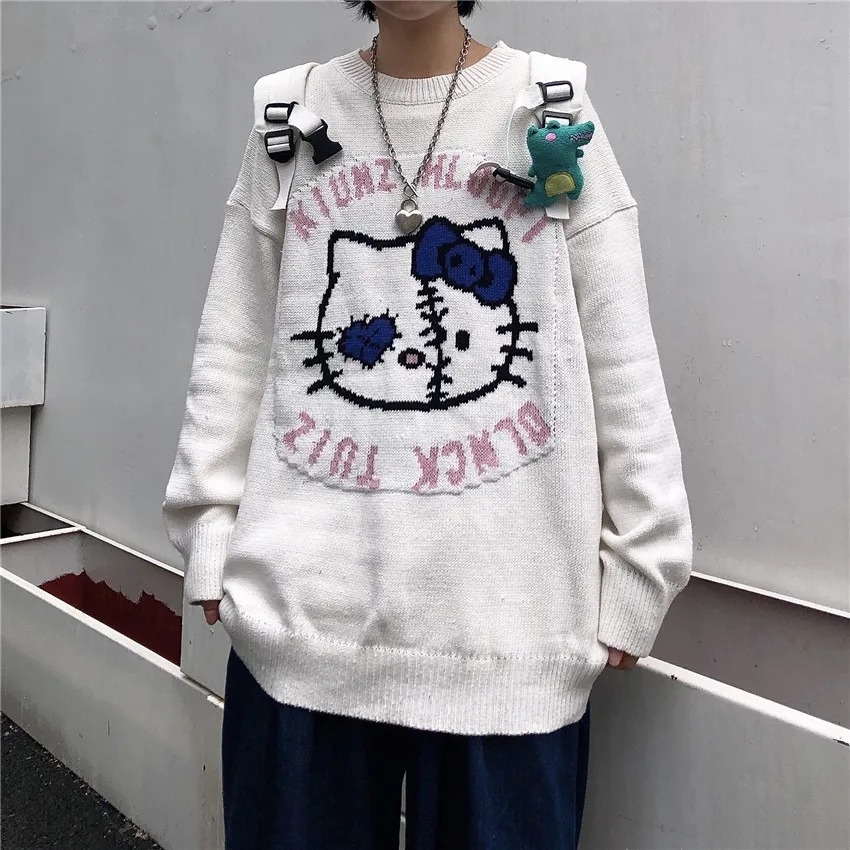 

Harajuku Women'S Sweater Pullover Japanese Cartoon Cat Print Lazy Style Loose Large Size Casual Pullover Women'S Sweater y2k