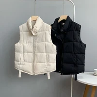women cotton down vest 2021 winter warm solid color loose zipper waistcoat casual sleeveless mandarin collar short jacket coats