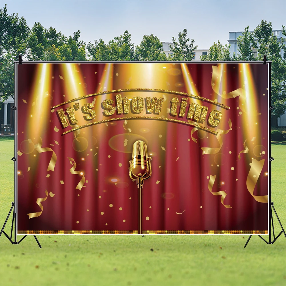 Виниловый фон для фотографий It's Show Time с микрофоном красным занавесом и