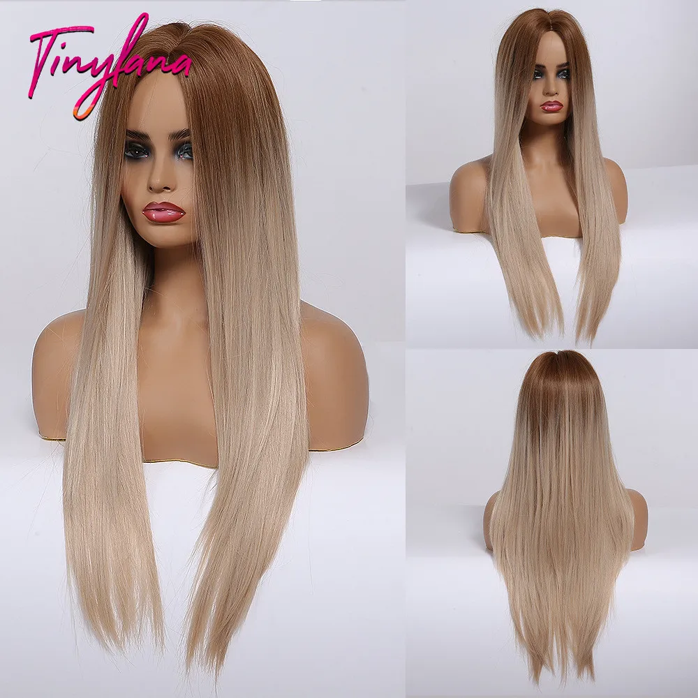 Крошечная Лана Омбре черные коричневые золотые синтетические парики с челкой