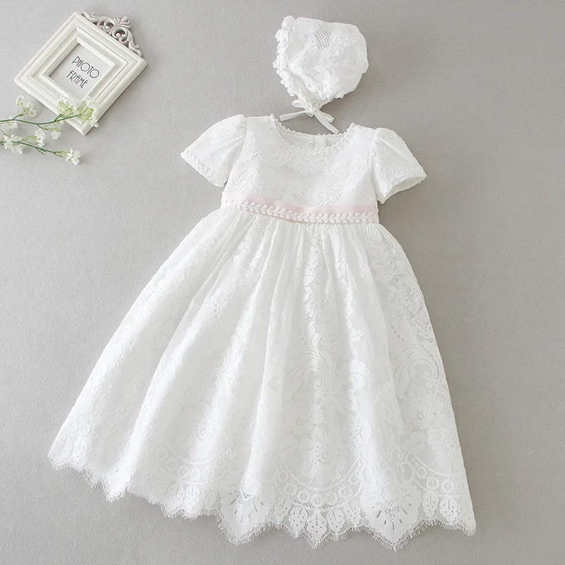 

Hetiso White Infant Dress for Baptism Baby Girls Lace Dresses with hat Kids Clothes Christening Birthday Outfits 3-24 Month