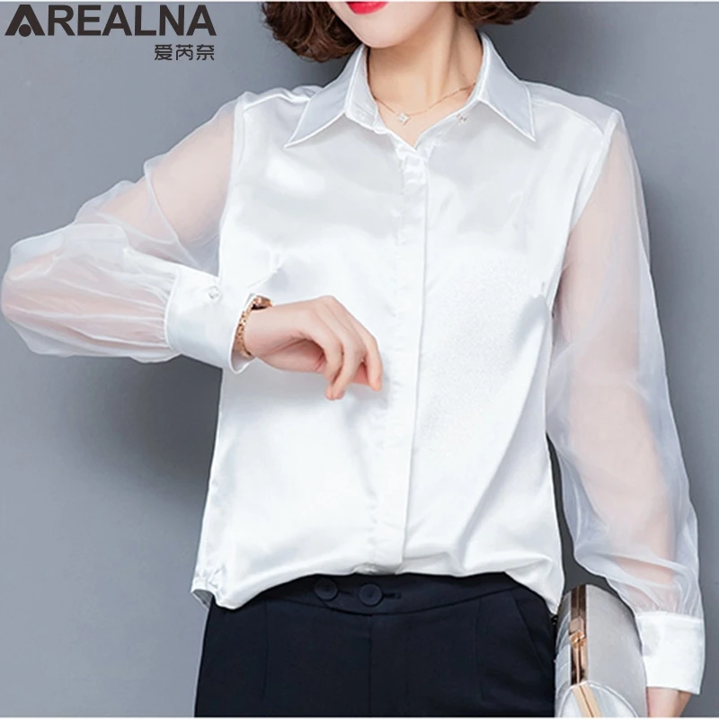 

Elegant Lantern Long Sleeve Blouse Women Silk Satin Patchwork Sheer OL White Black Office Top Shirt Blusas Mujer Chemisier Femme
