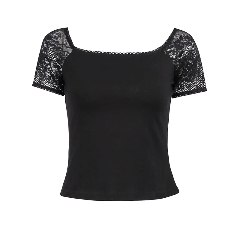

Vintage Tops Goth T-shirt Women Bodycon Short Sleeve Lace Black Square Neck T-shirts Streetwear Sexy Female Top Casual Mesh Tees