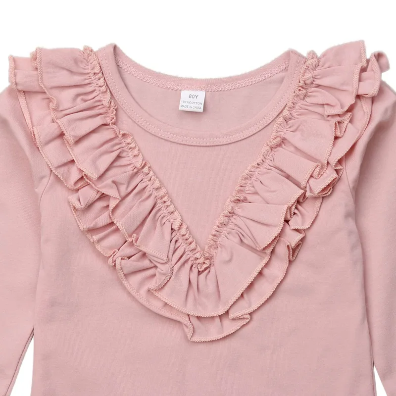 

2019 Spring Autumn Baby Kids Girls T-Shirt 3 Colors Solid Color Sweet Fashion Cute Cotton Comfortable Ruffle Long Sleeve Tops