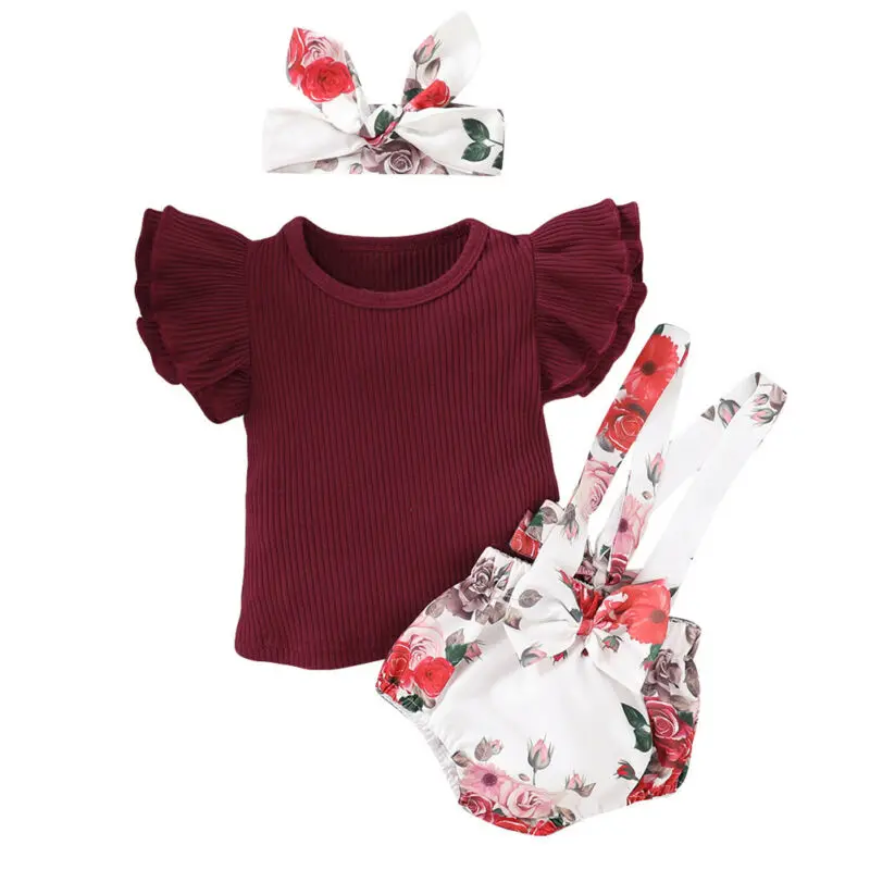 

2021 Summer Newborn Baby Girls Clothes Sets 0-24M Ruffle Tops Floral Print Suspender Tutu Shorts Pants Outfits Sunsuit