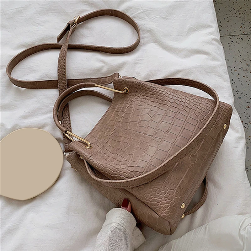 

Vintage Women Bucket Bag PU Leather Stone Pattern Large Capacity Handbag Luxury Female Crossbody Bag
