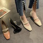 Женские классические туфли, лакированная кожа, на среднем каблуке, туфли Мэри Джейн, шнурок для обуви, туфли-лодочки с бусинами, свадебные туфли с жемчугом 9356N