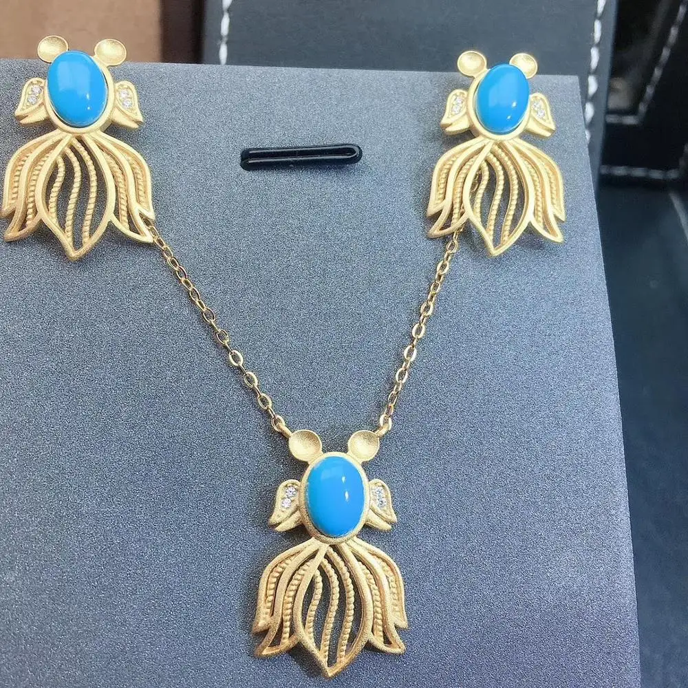 Комплект женских сережек и ожерелья из серебра натуральный голубой бирюзовый