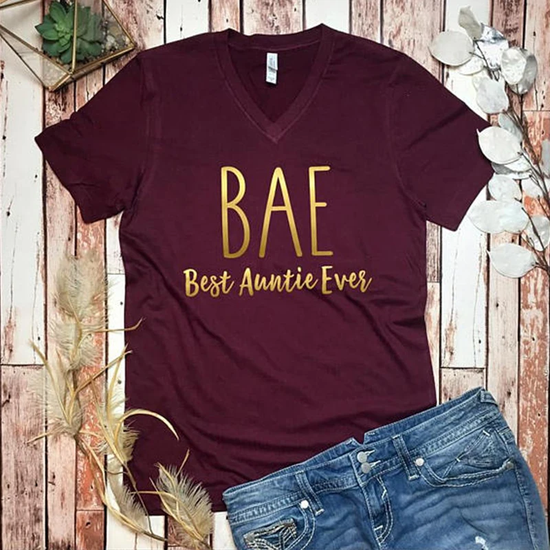 Модная футболка BAE Best Auntie Ever с буквенным принтом, женская летняя футболка с коротким рукавом и v-образным вырезом, женская одежда, повседневная верхняя одежда, футболка
