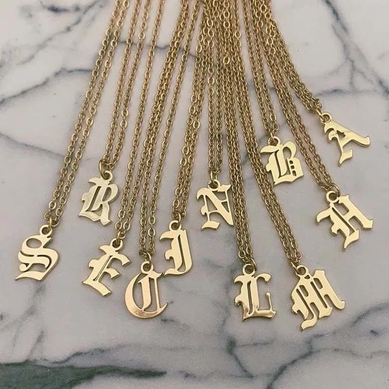 

A-Z Initial Letter Necklace For Girls Stainless Steel Gold Chain Old English Font Necklace Pendent Jewelry Women collier Femme