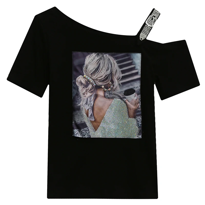 

Femmes diamants T-shirts Figures conception dame mode une bandouliere a manches courtes vtements d'eteO cou femme haut t-shirt