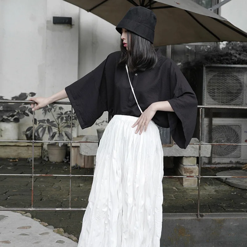 

LANMREM Women's New Shirts Stand Collar Short Sleeve Of Yamamoto Style Art Designer Loose Fit Black Series Summer 2021 2P3150