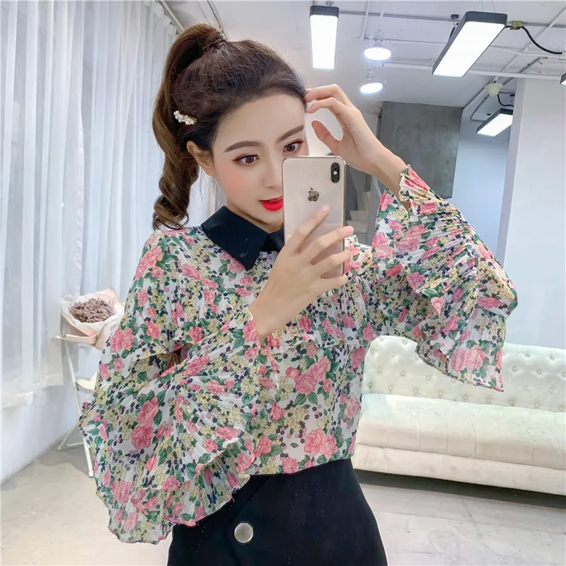Spring Sweet Style Loose Print Blouse Women Shirts Chiffon Fashion Brand Korean Clothes Flare Sleeve Ruffles Floral Ladies Tops | Женская