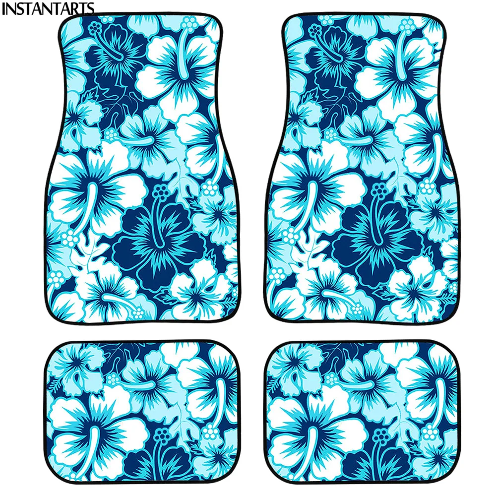 

INSTANTARTS Fashion Hibiscus Flowers Design 4pcs Comfy Carpet Rug Full Set Car Floor Mats for Most Car Anti-Slip Car Protector