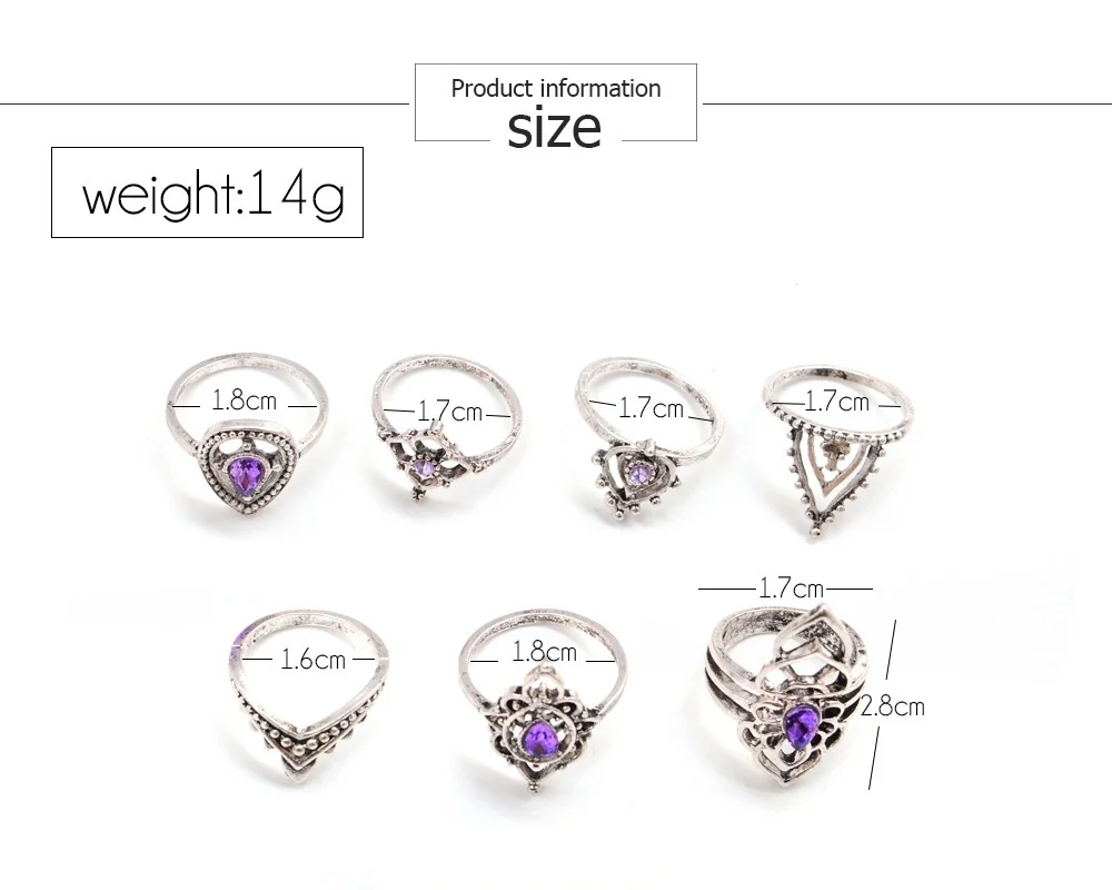 7 шт./компл. Модные женские панковские винтажные кольца с голубым драгоценным