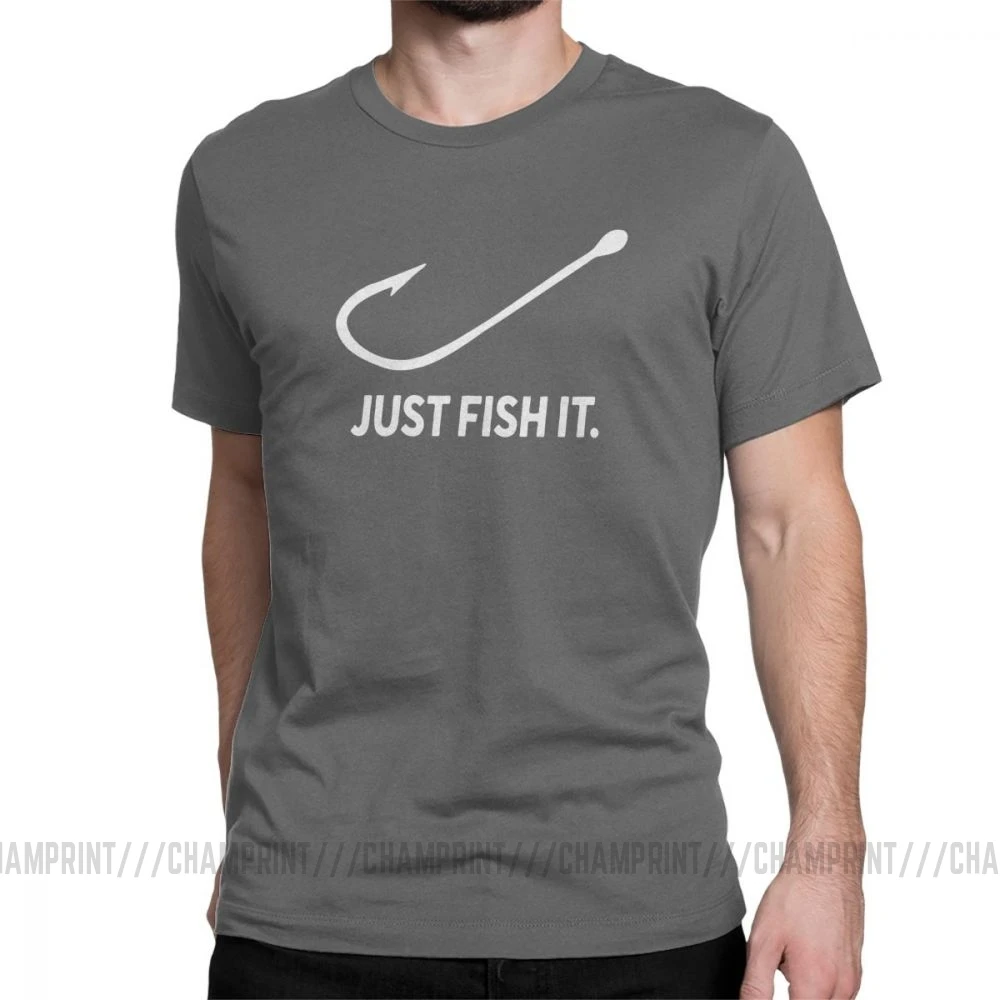 Fishing Just Fish It Fun, Мужская футболка, Фишер, мужские топы с коротким рукавом, новые футболки, хлопок, футболка с вырезом лодочкой - Цвет: Темно-серый
