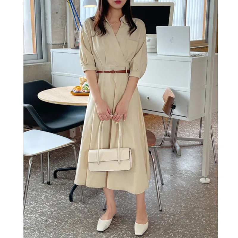 

One Piece Slim Office Midi Dresses For Women Korean Chic High Waist Apricot Black Long Dress Female A-Line Party Dress With Belt