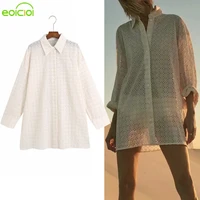 eoicoi za long shirt women 2021 embroidery cut out oversize summer top woman semi sheer long sleeve button up vintage blouse
