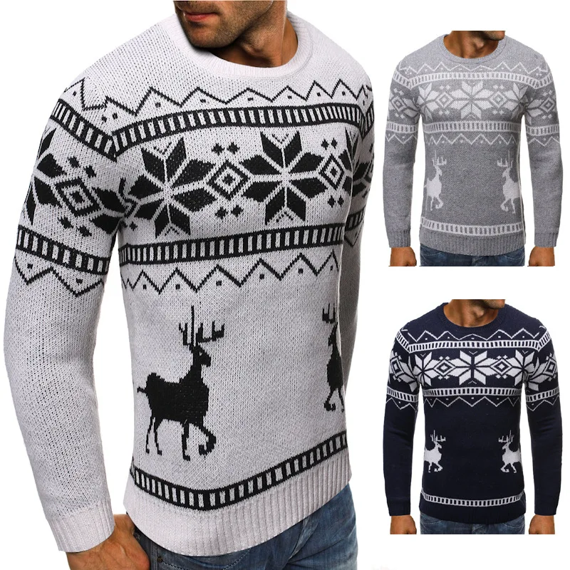 Зима 2021 мужской свитер с рождественским оленем в виде снежинки теплый вязаный