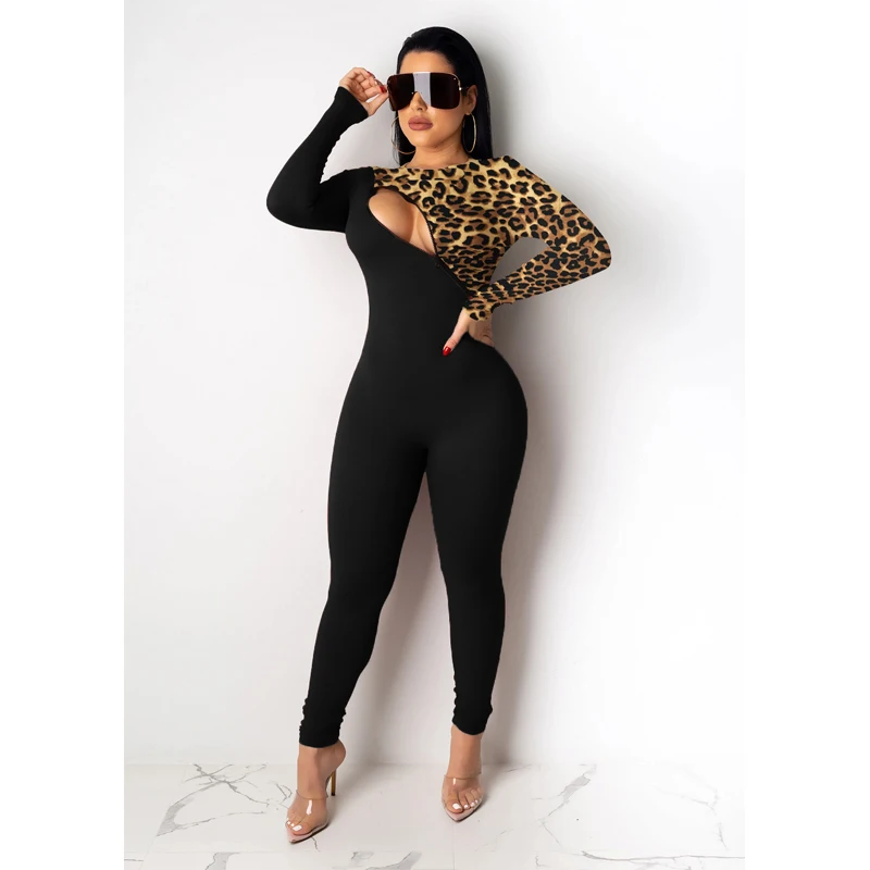 

Wantmove women jumpsuits sexy Leopard zipper splice long sleeve bodycon casual club S-XXL jumpsuit WM1233