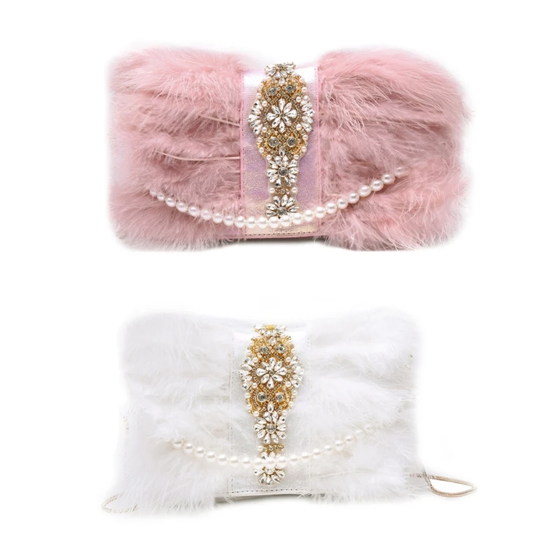 

Pearl Chain Evening Bag Rhinestone Feather Clutch Bag Metal Strap Party Purse