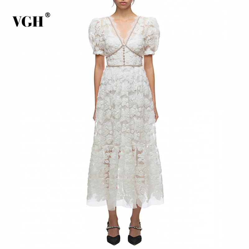 

VGH Casual White Patchwork Diamonds Sheer Mesh Long Dress Female V Neck Puff Short Sleeve High Waist Maxi Dresses For Women 2021