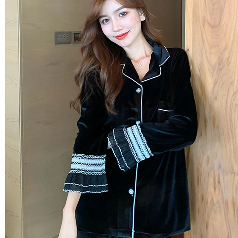 

2 Piece Winter Vintage Sleepwear Sexy Lace Velvet Pajamas Woman Plants Negligee Longer Wear Fashion Pijama Plus Size Nightwear