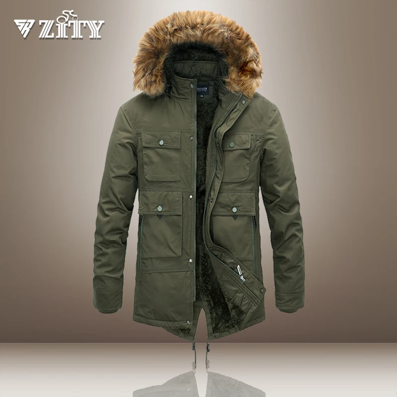 

Thick Warm Jacket Men Cargo Multi-Pocket Outwear Outdoor Men's Winter Parkas Fleece Fur Collar Long Hooded Coat Windbreaker 4XL