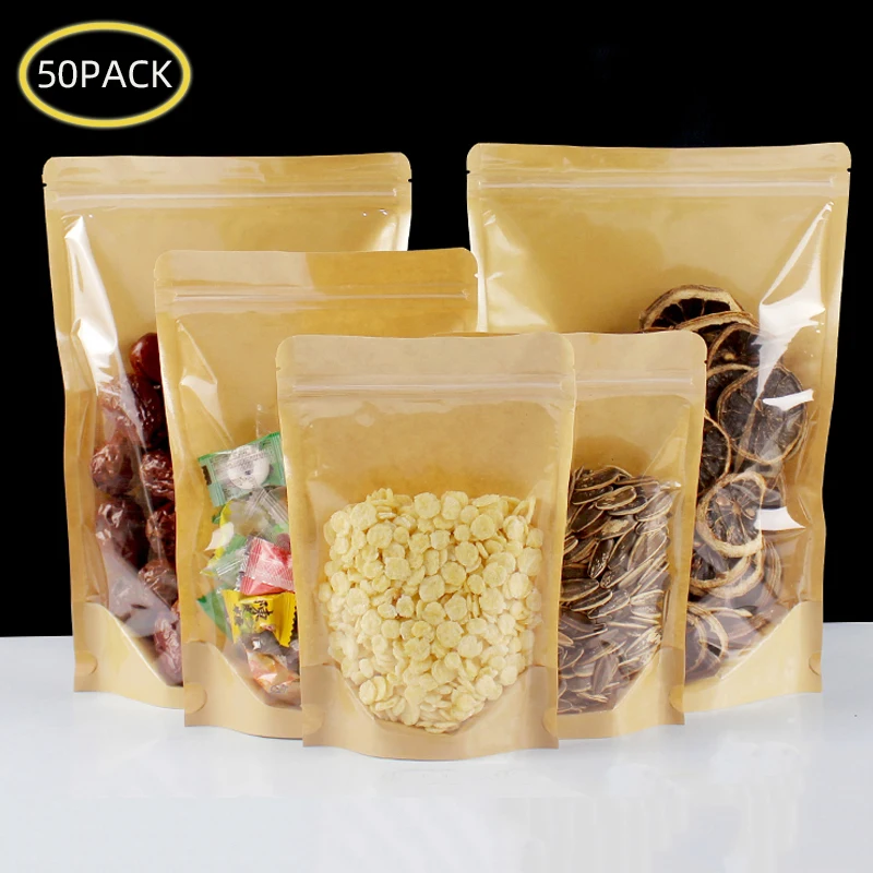 50pcs Kraft Paper Zip Lock Bags One Side Clear Stand Up Resealable Snack Coffee Beans Dates Chocolate Packaging Storage Gift