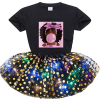 toddler baby girls dress sets cotton party casual dress clothes black african curly hair girl short sleeve t shirtsequin skirt