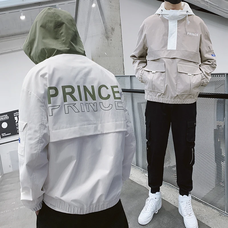 

Mens 2020 Hooded Korean Hip Hop Jacket Patchwork Windbreakers Bomber Jackets Big Pocket Fitness Black Coat 3XL