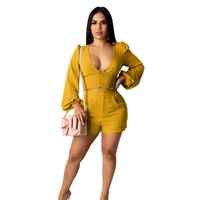 stylish lady cotton pleated 2 piece set 2020 summer women long puff sleeve v neck crop top and shorts set elegant club outfits