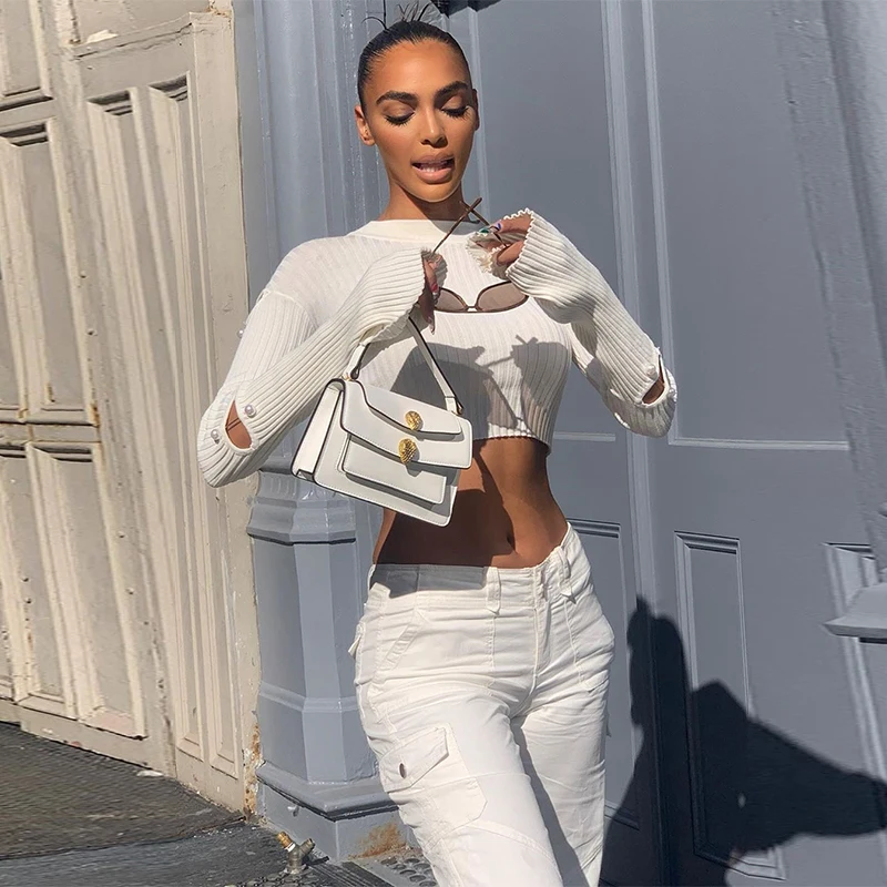 

Women Knitted Cropped Top Solid Color Hollow Pearl Pin Flare Sleeve Round Neck Slim Casual Sexy Stretch T-Shirt for Daily Wear