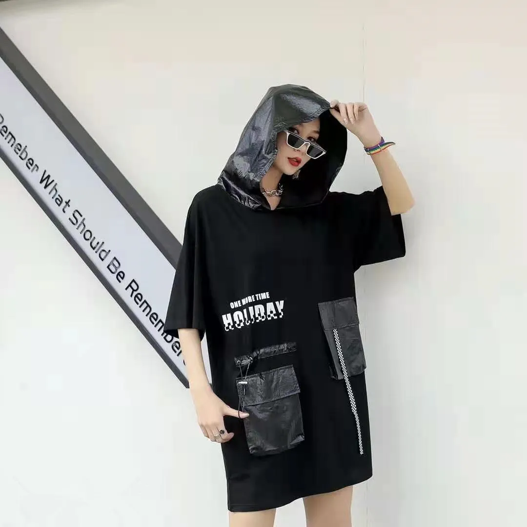 

Vefadisa Black Patchwork Hooded Women Dress 2021 Summer Letter Print Dress Pocket Spliced Short Sleeve Dress Loose QYF5439