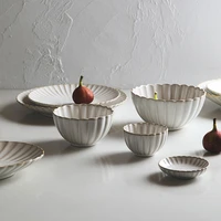 retro chrysanthemum plate simple japanese dinner dishes soup bowls flower shape tableware ceramic creamy white light brown edge