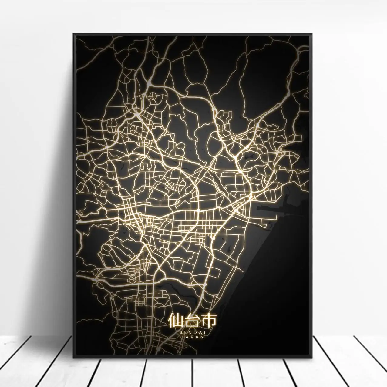 Осака сапоро Sendai Токио Йокогама Япония черный и золотой Холст Настенная карта