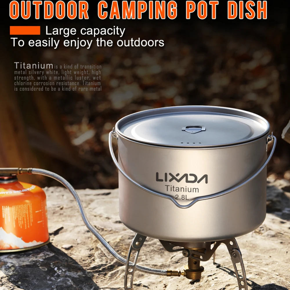 

Lixada 2.8L Outdoor Titanium Cup Pot Ultralight Cookware Portable Cup Hanging Pot with Lid Foldable Handle Camping Hiking