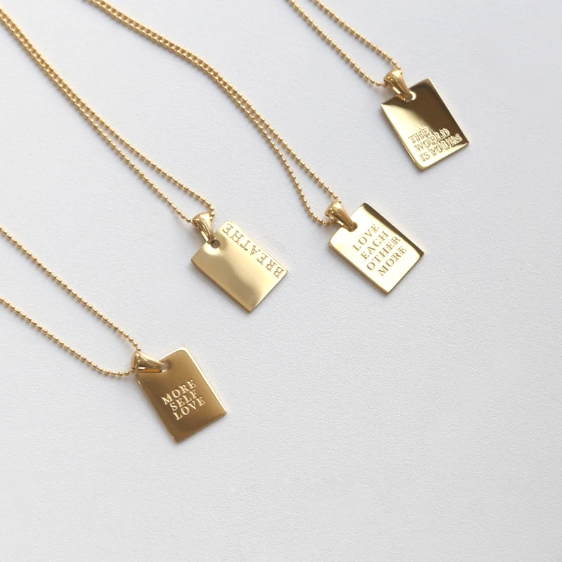 

2021 New Jewelry Gift Non-tarnish 18k Gold Plated Personality Words Engraved Square Plate Stainless Steel Necklace for Women